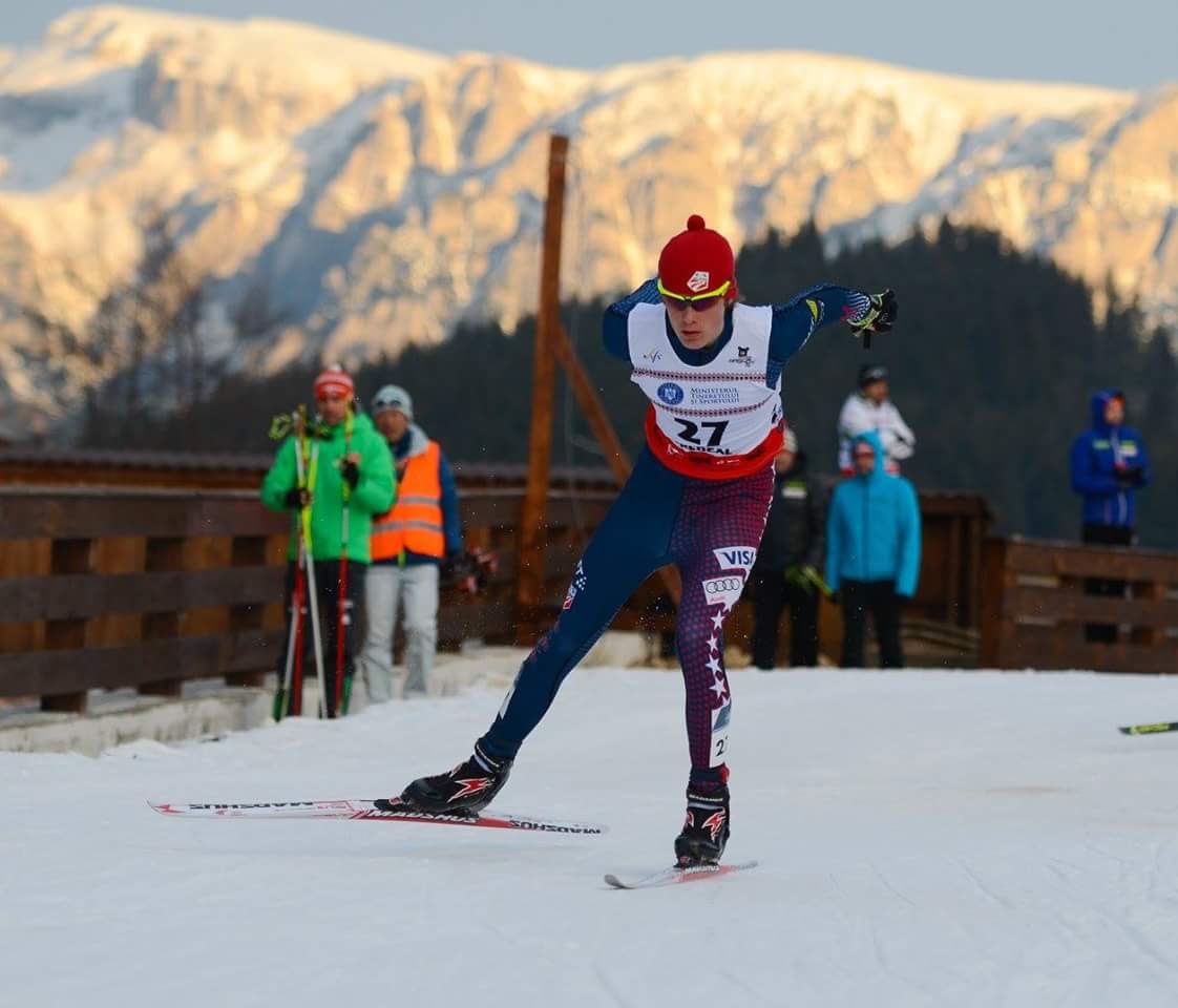 American Koby Vargas (U.S. Nordic Combined) racing to 32nd in the individual normal hill/5 k competition at 2016 Junior World Championships in Rasnov, Romania. (Courtesy photo) 