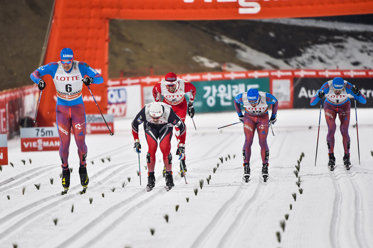 Russia's Gleb Retivykh (l) racing to his first World Cup victory and podium on Friday in the World Cup classic sprint in PyeongChang, South Korea, ahead of Norway's Sondre Turvoll Fossli (second from l), Canada's Len Valjas (behind Fossli), and Russia's Andrey Parfenov and Alexander Panzhinskiy. (Photo: Fischer/NordicFocus)