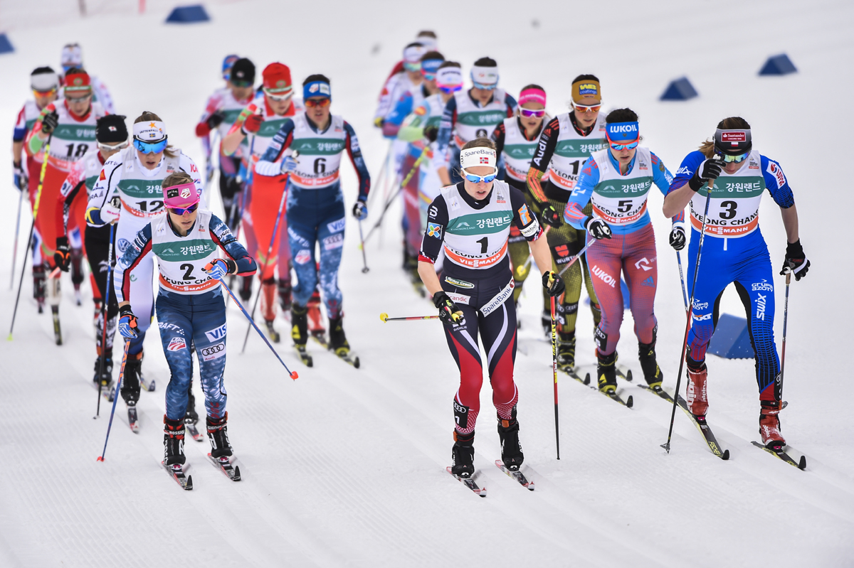 American Liz Stephen (2) skiing at the front of the women's 15 k skiathlon on Saturday, alongside Norway's Silje Øyre Slind (1) and Poland's Justyna Kowalczyk (3), at the World Cup in PyeongChang, South Korea. (Photo: Fischer/NordicFocus)