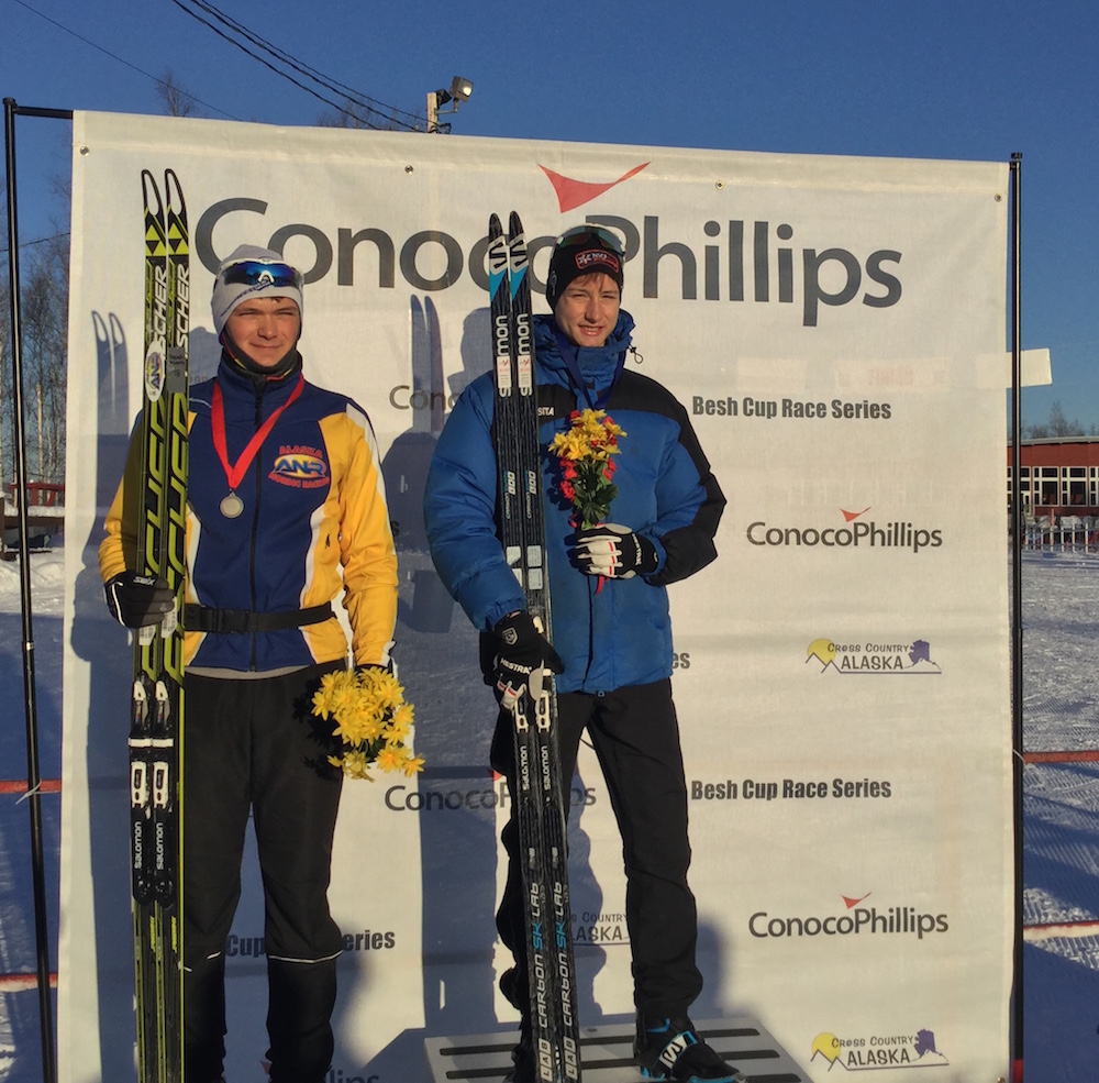 Ti Donaldson of FXC (r) and Josiah Alverts of ANR (l) on the podium for the U18 boys division of the Besh Cup 10 k skate race in Fairbanks, Alaska, Feb. 4, 2017. (Photo: Gavin Kentch)