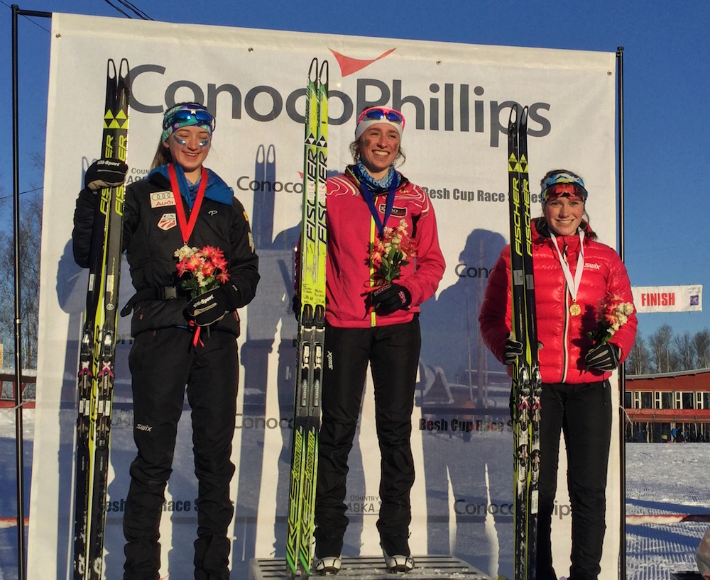 Jenna DiFolco (c) of FXC, Abby Amick of APU (l), and Addison Gibson of ANR (r) on the podium for the U18 girls division of the Besh Cup 5 k skate race in Fairbanks, Alaska, Feb. 4, 2017. (Photo: Gavin Kentch)