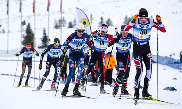 U.S. Nordic Combined's Stephen Schumann (28) passing on the outside, en route to 10th in the nordic-combined normal hill/10 k at 2017 Nordic Junior World Championships on Tuesday at Soldier Hollow in Midway, Utah. (Photo: U.S. Ski Team/Steven Earl)