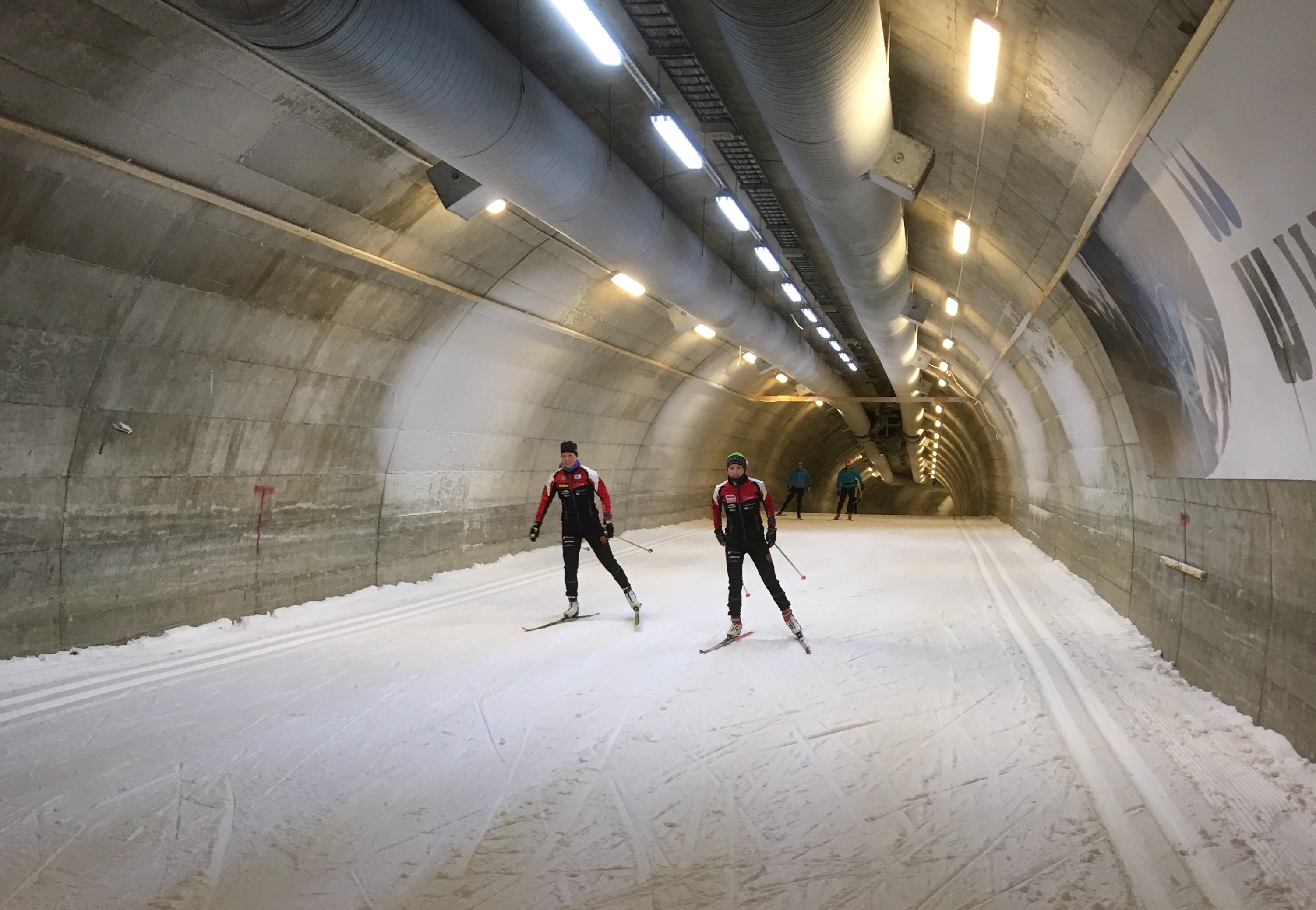 Krista Niiranen (left) and Finnish teammate Petra Torvinen training in the Vuokatti ski tunnel. (Courtesy photo)