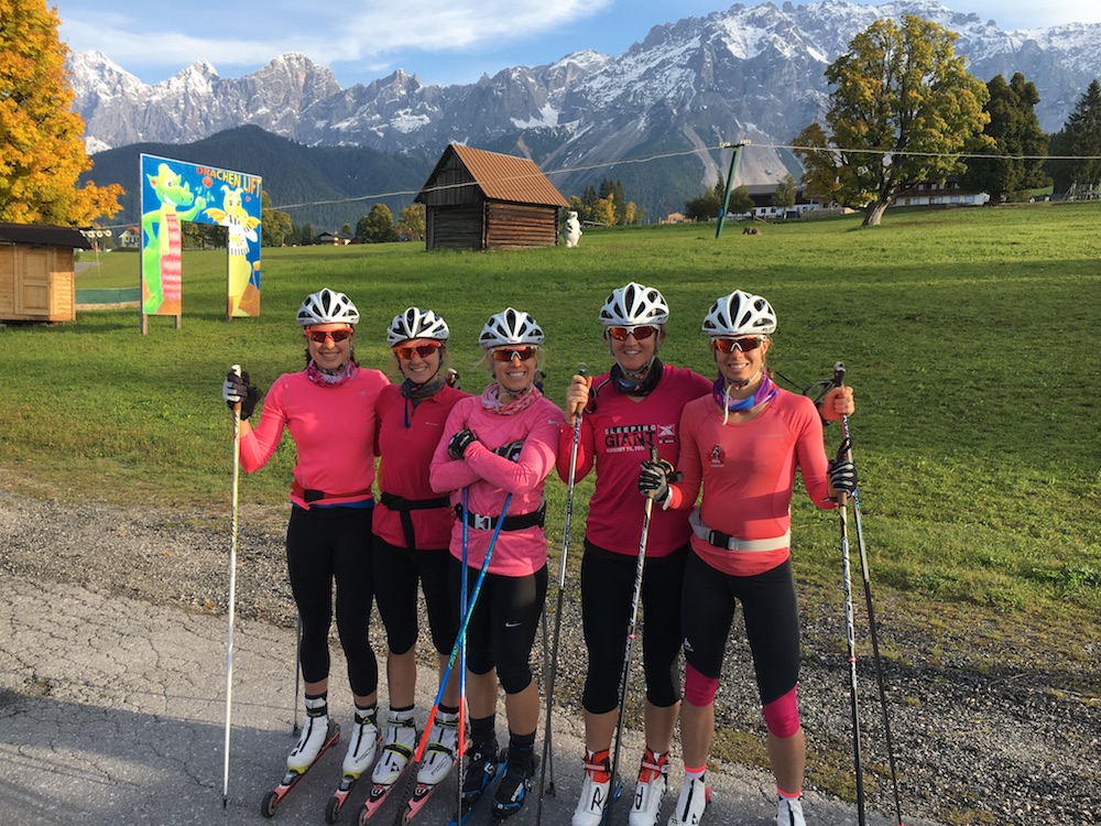 Annika, Lisle, Sadie, Mia and Alannah in Ramsau, Austria during our most recent training camp in September (2017). Photo was taken before our first ski on the roller ski specific paved track. The pink outfits were not coordinated.