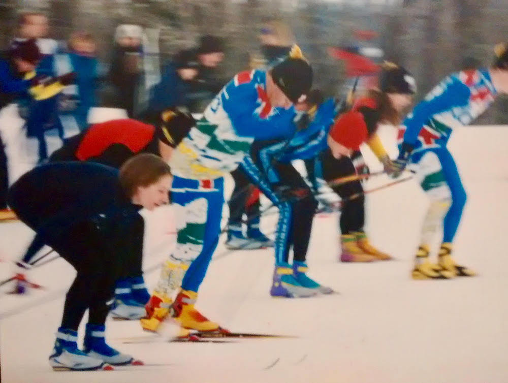 The start of the Red Deer school loppet in 2000. From left to right, Kocher (no hat), Graham Vanderwater (Alberta team), Kit Richmond (red hat, RMR, future NCAA winner), and Drew Goldsack (future Olympian, too fast to catch his face!). (Photo: Kocher family)