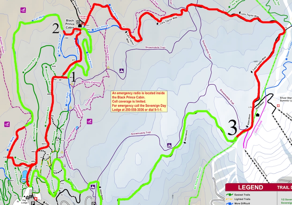 The official course map. The green sections are timed stages, the red is the route to the next stage.