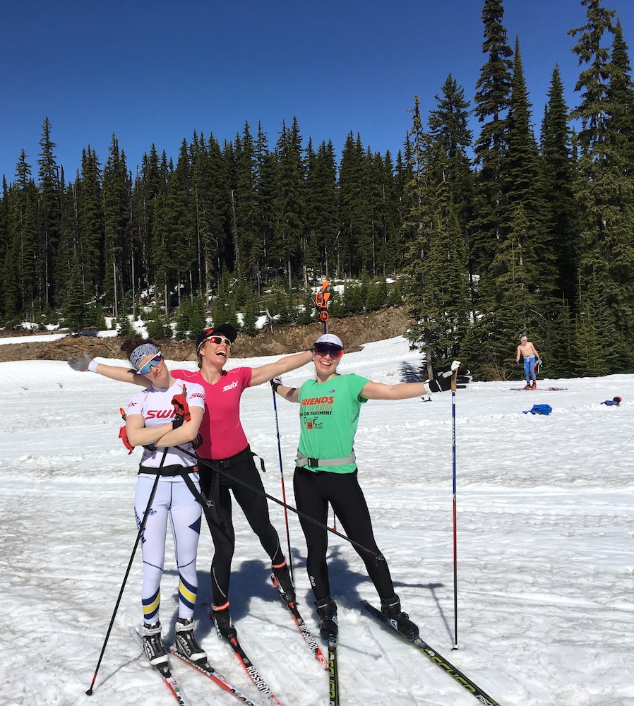 Olivia Bouffard-Nesbitt (RMR), Maya MacIsaac-Jones (U25 national team and RMR), and Hannah Mehain (Sovereign Lake) at the finish.