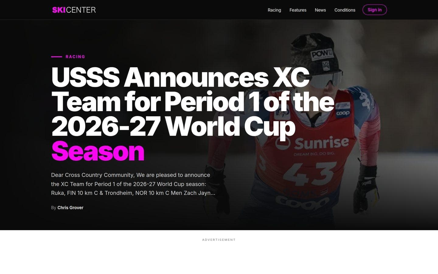 The Ski Center homepage: a black masthead over a full-bleed World Cup photograph
