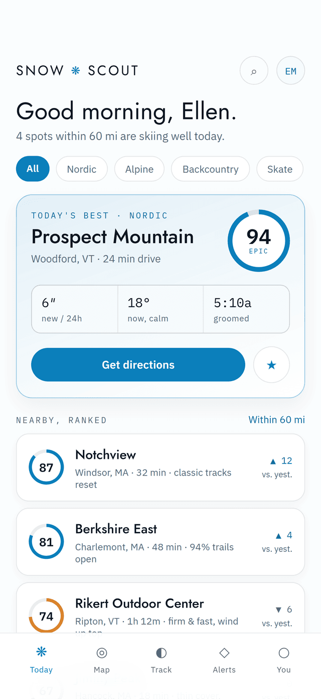 Snow Scout on a phone, ranking nearby ski areas by this morning's conditions