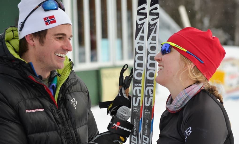 A FasterSkier reporter interviewing a racer trackside