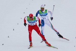 Dario Cologna charging to the finish of the men's 15k freestyle