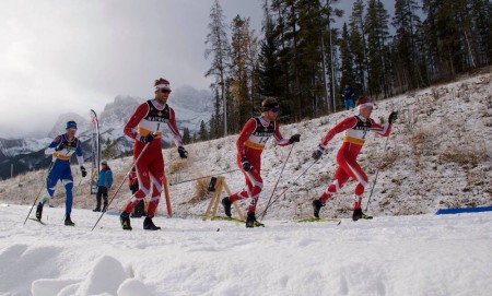 Len Valjas, Graeme Killick, Knute Johnsgaard, and Bob Thompson at the start of a classic sprint heat (Photo: Jenn Jackson)
