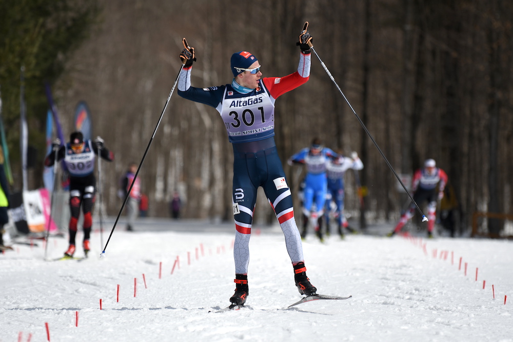 Norwegian junior Haakon Skaanes wins the sprint ahead of Antoine Briand. (Photo: Doug Stephen)