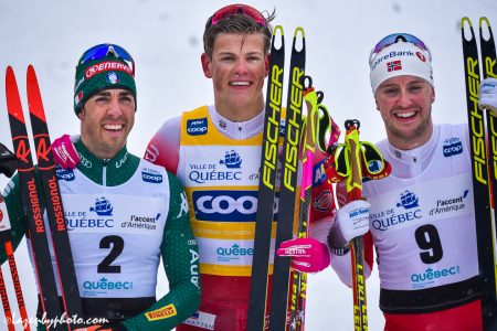The men's podium: Federico Pellegrino, Johannes Høsflot Klæbo, and Sindre Bjørnestad Skar. (Photo: John Lazenby)