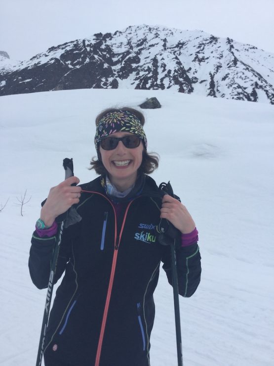 Tamra Kornfield, women's winner of the Race to the Outhouse #2, Archangel Road, Talkeetna Mountains, Alaska, in April 2018. (photo: Gavin Kentch)