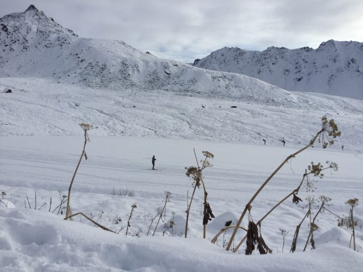 Skiers are framed by cow parsnip on the groomed trails at Hatcher Pass, above Palmer, Alaska, Oct. 6, 2019. (all photos: Gavin Kentch)