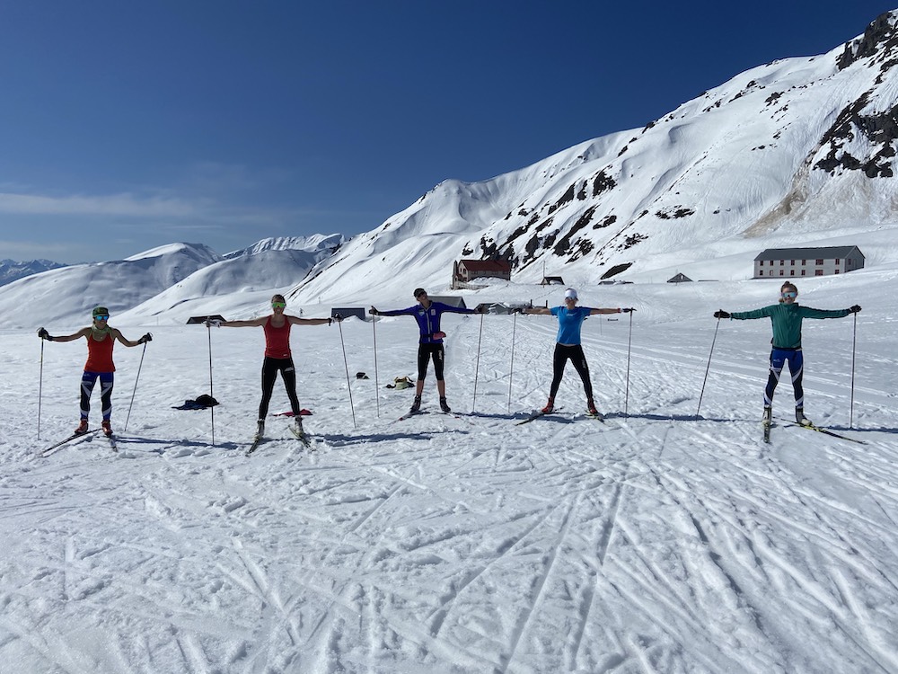 From left, APU athletes Rosie Frankowski, Sadie Bjornsen, Hailey Swirbul, Becca Rorabaugh, and Caroline Brisbois maintain a healthy distance while skiing at Hatcher Pass on May 13, 2020. (photo credit: courtesy Sadie Bjornsen)