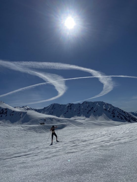 Hailey Swirbul (APU/USST) skis at Hatcher Pass on May 13, 2020. (photo credit: ?)