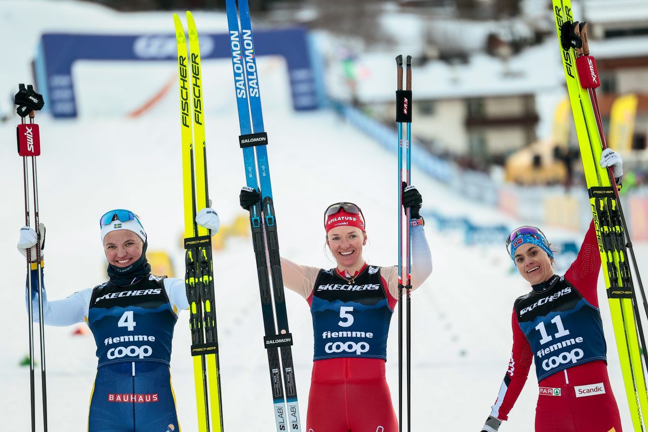 Linn Svahn (SWE), Nadine Faehndrich (SUI), and Heidi Weng (NOR) (l-r) topped the podium in the Tour de Ski Classic Sprint Stage 5. (Photo: NordicFocus)