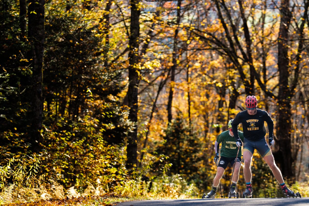 Two skiers rollerskiing up a climb on a road through autumn woods