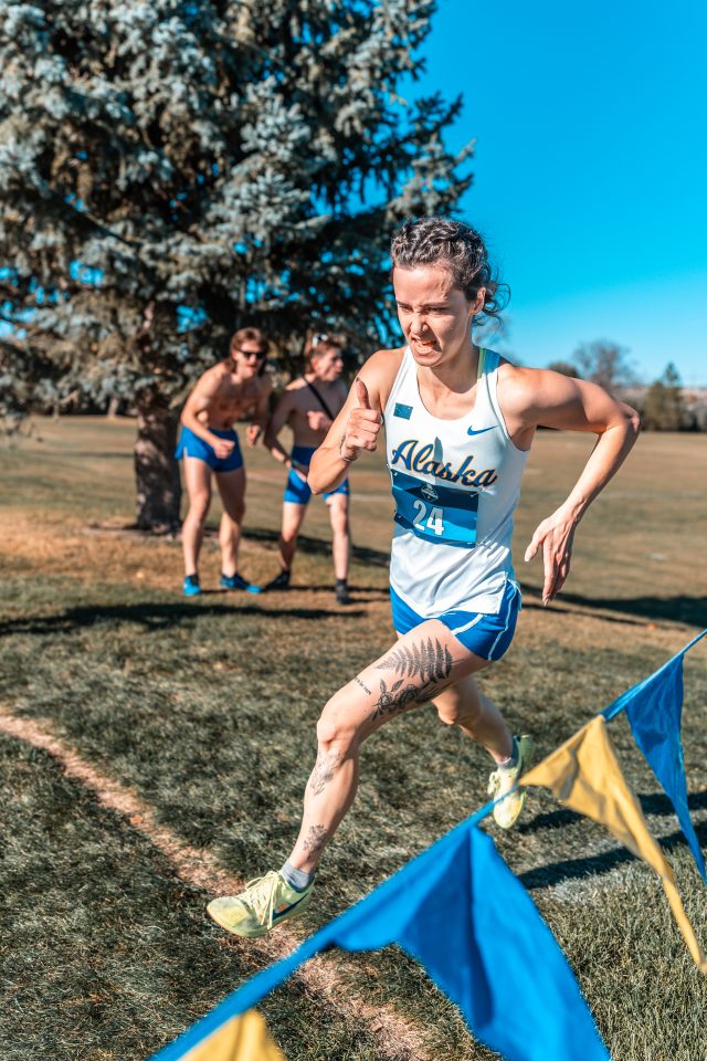 Kendall Kramer racing cross-country in an Alaska Fairbanks singlet, number 24, past a course flag line.